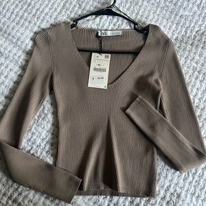 Zara Taupe Ribbed Knit V-Neck Top
